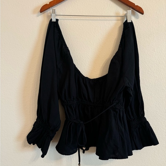 Free People Black Bohemian Wrap Top tassel ties puff sleeved M - Picture 5 of 8